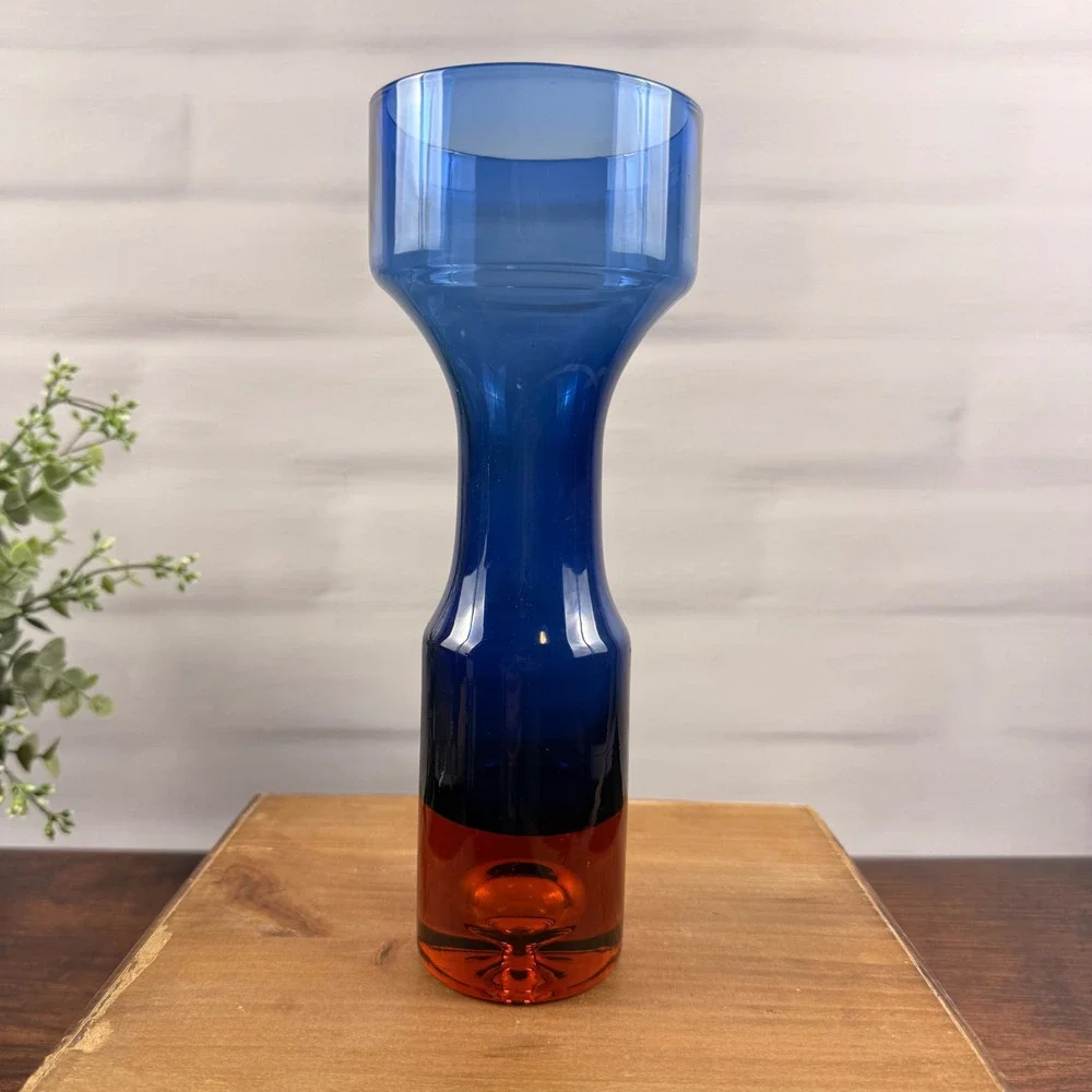 Aseda B5/610-B Bo Borgstrom Swedish Art Glass Vase Blue Orange MCM